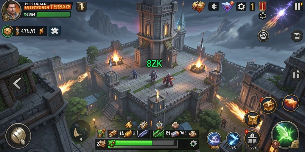 Tampilan gameplay 8ZK dengan menara yang kokoh dan musuh yang menyerang.