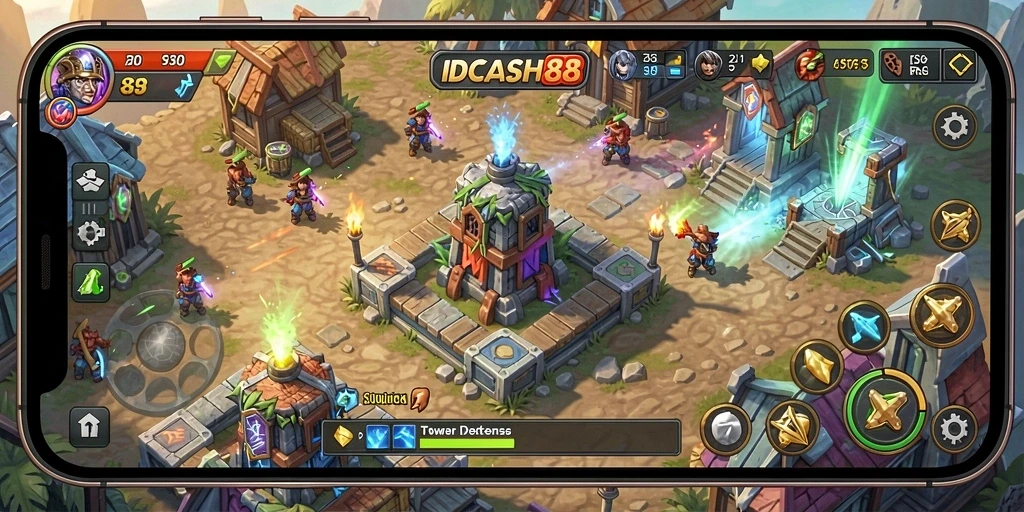 Tampilan gameplay mendebarkan di IDCASH88 dengan strategi Tower Defense yang intens.